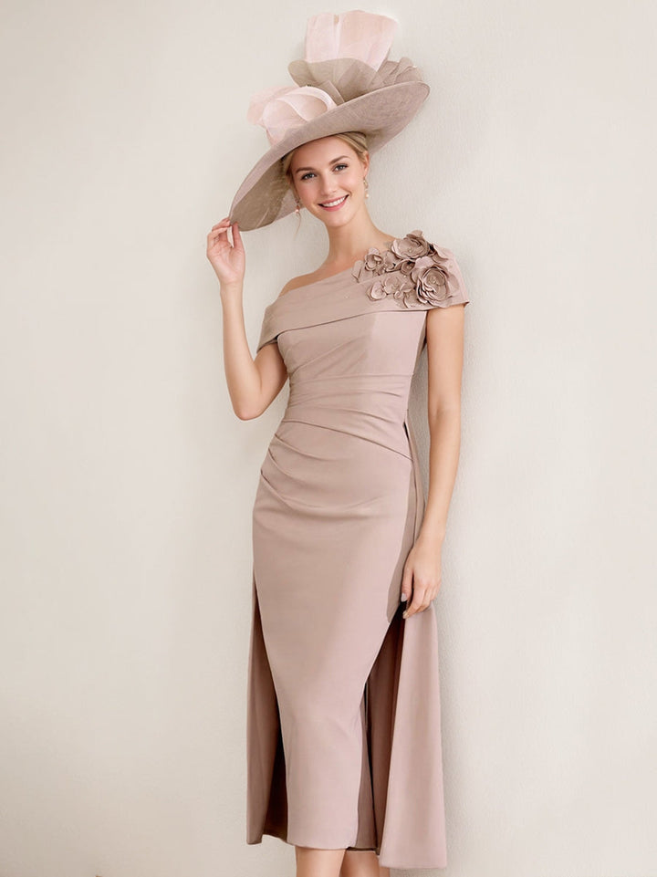 Sheath/Column Off-the-Shoulder Pleated Tea-Length Mother of the Bride Dresses with 3D Flower