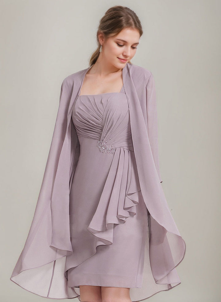 Sheath/Column Square Neckline 3/4 Sleeves Knee-Length Ruched Mother Of the Bride Dresses with Jacket & Ruffles & Pleats & Beads