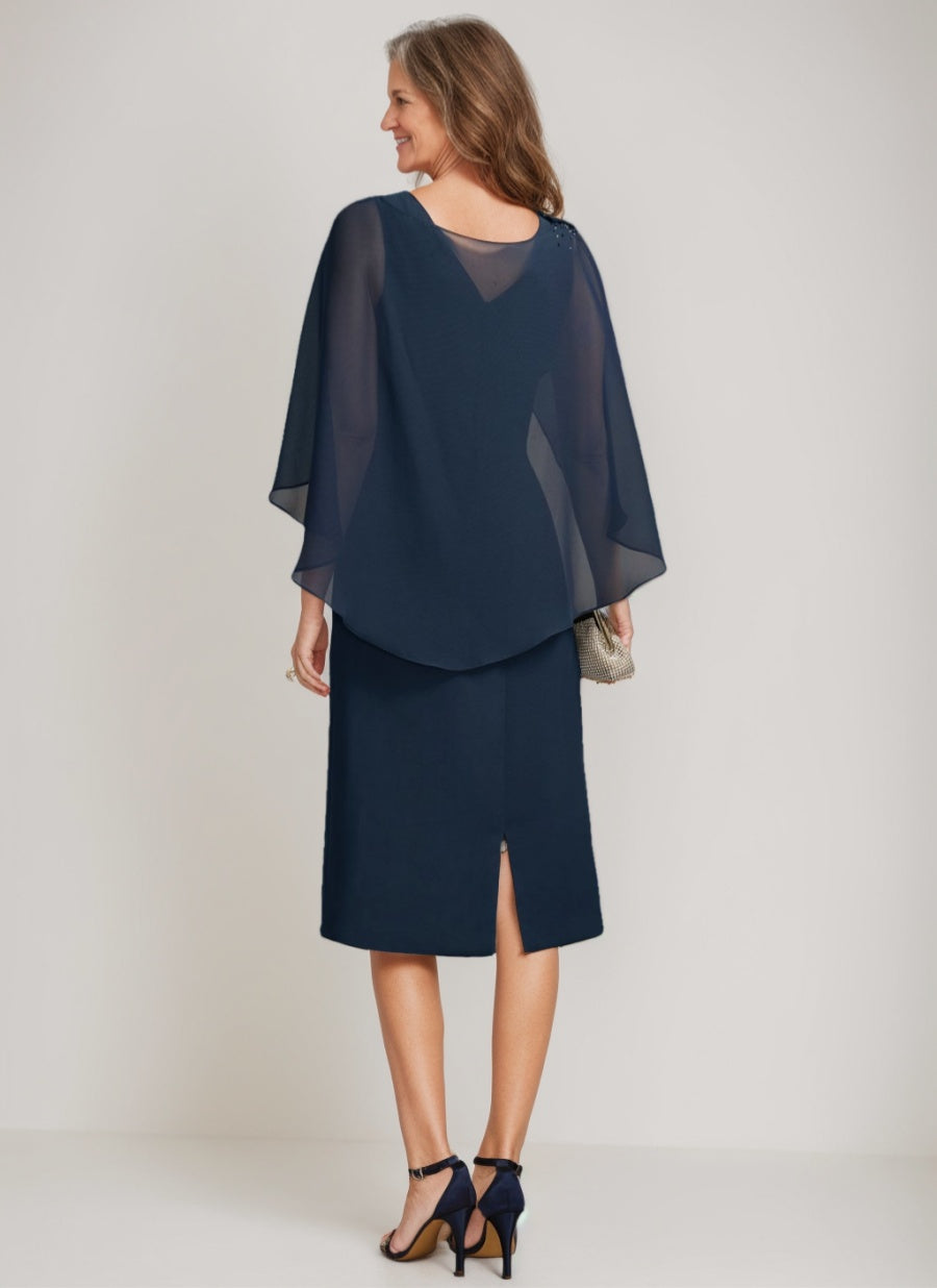 Sheath/Column Jewel Neck Tea-Length Mother Of The Bride Dresses with Detachable Cape & Ruffles & Beads