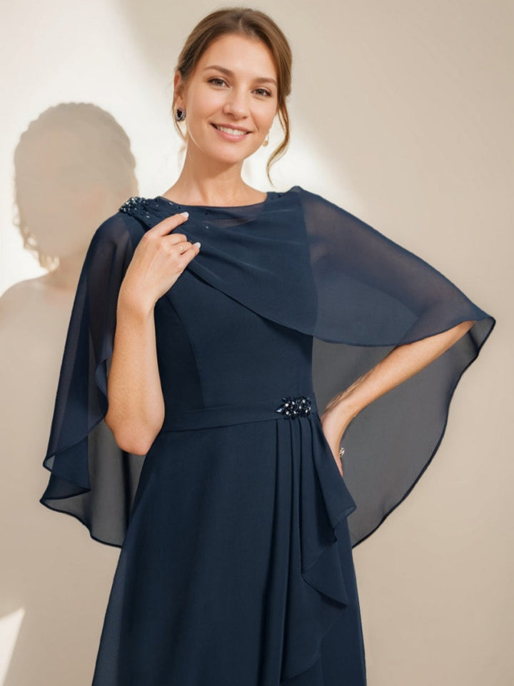 Sheath/Column Jewel Neck Tea-Length Mother Of The Bride Dresses with Detachable Cape & Ruffles & Beads