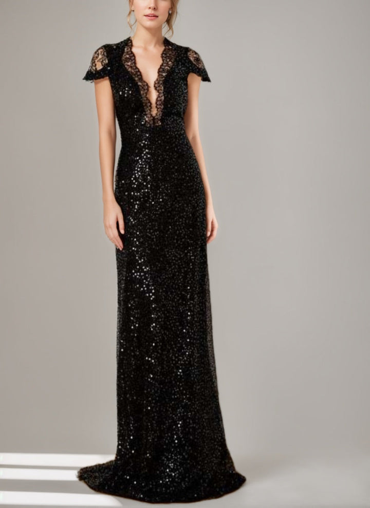 Sheath/Column Sequined Floor-Length Plunge V-Neck Mother Of The Bride Dresses with Lace & Slit