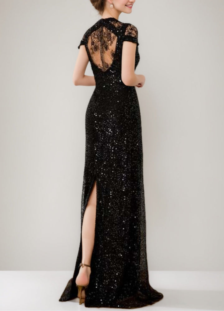 Sheath/Column Sequined Floor-Length Plunge V-Neck Mother Of The Bride Dresses with Lace & Slit