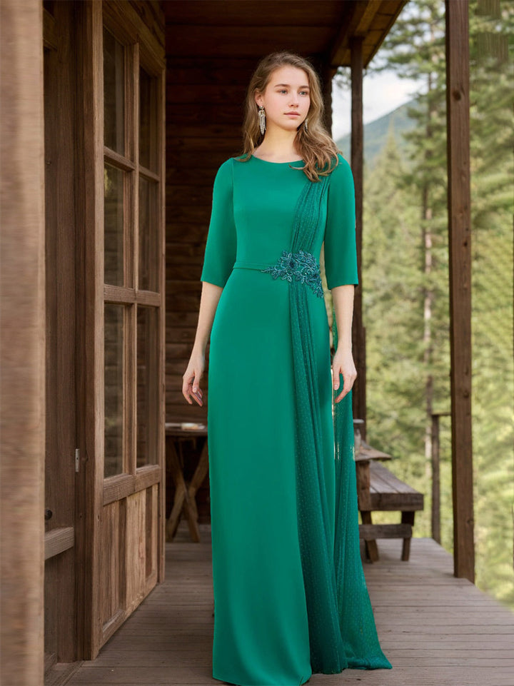 Sheath/Column Jewel Neck 1/2 Sleeves Floor-Length Mother of the Bride Dresses with Floral Applique & Draped Dotted Tulle
