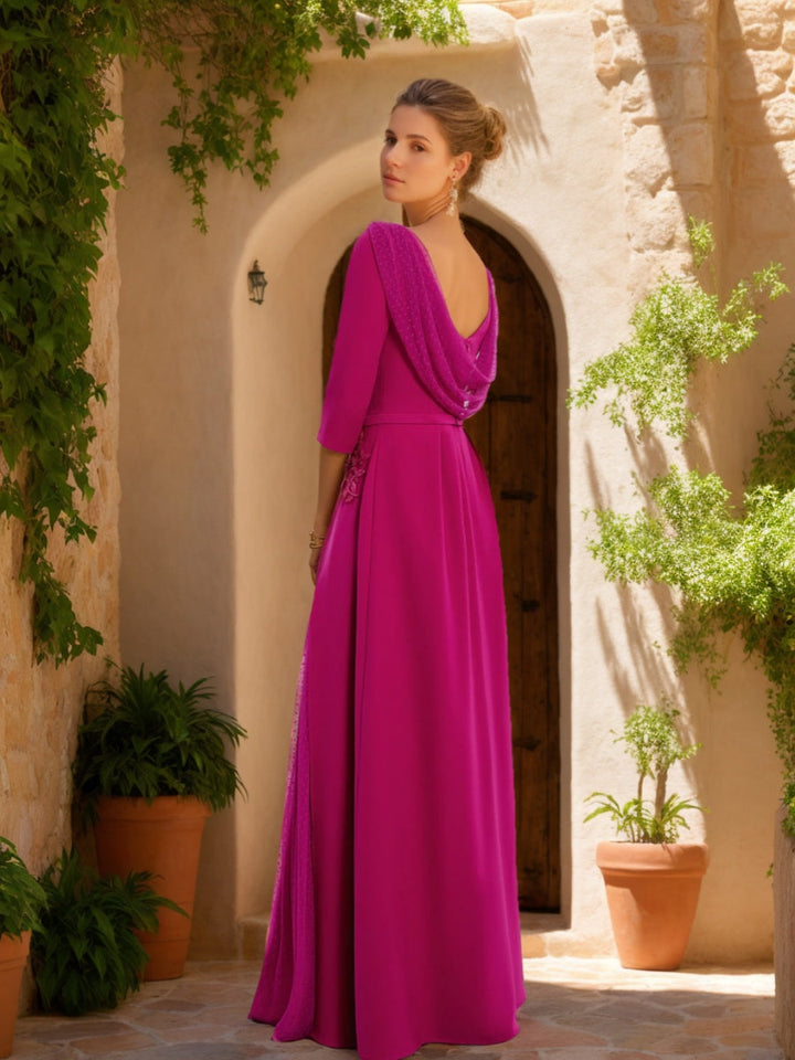 Sheath/Column Cowl Neck 3/4 Sleeves Floor-Length Mother of the Bride Dresses with Tulle & Sash & Slit & Jewel Appliques