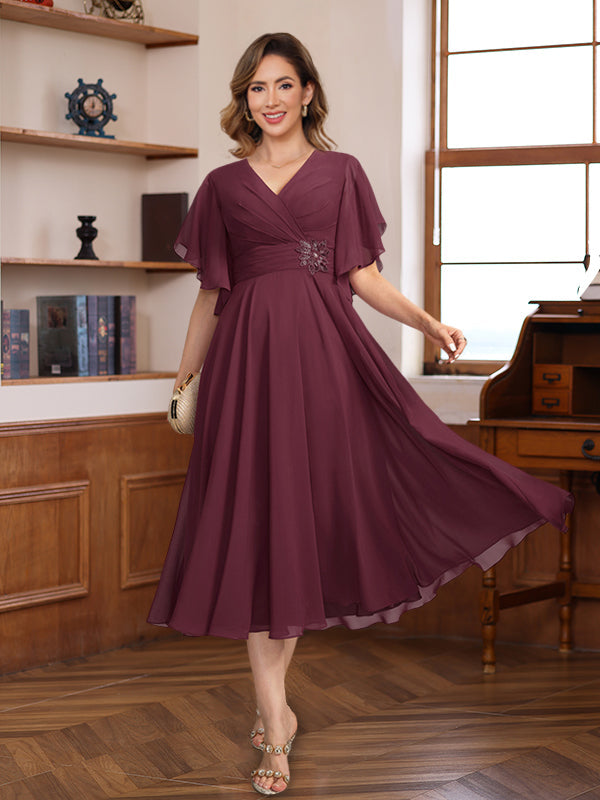 A-Line/Princess V-Neck Ruched Tea-Length Pleated Mother of the Bride & Groom Dresses with Jewel Appliques & Ruffles