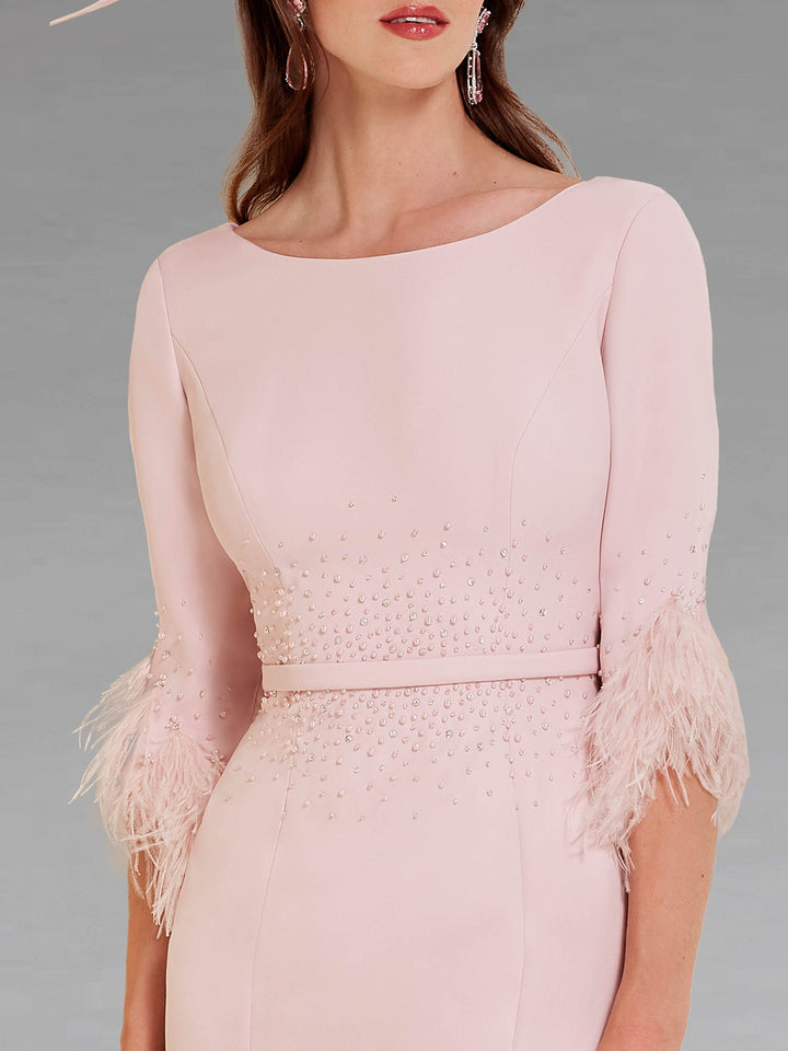 Sheath/Column Scoop Tea-Length Mother of the Bride Dresses with Feather