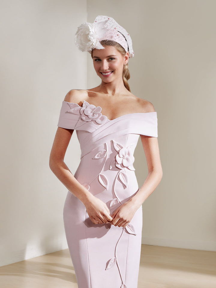 Sheath/Column Off-the-shoulder Tea-Length Mother of the Bride Dresses with 3D Flowers