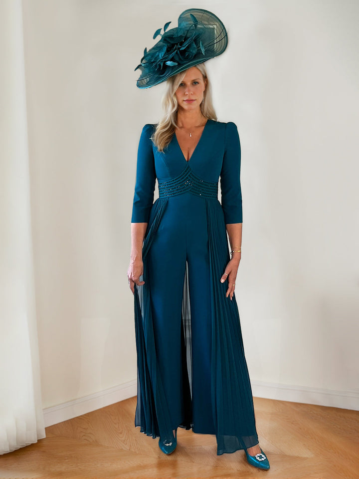 Plunge V-Neck 3/4 Sleeves Ankle-Length Mother of the Bride Jumpsuit with Beads & Pleated Watteau Train