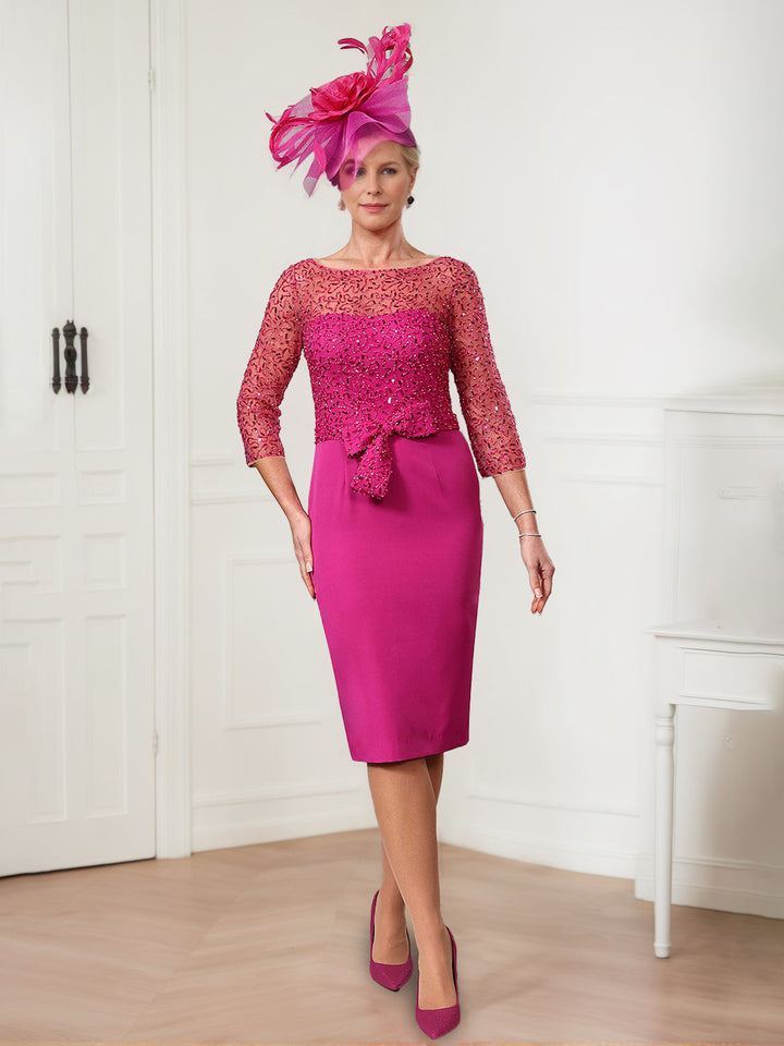 Sheath/Column Scoop 3/4 Sleeves Knee-Length Mother of the Bride Dresses with Jewel Appliques & Bow
