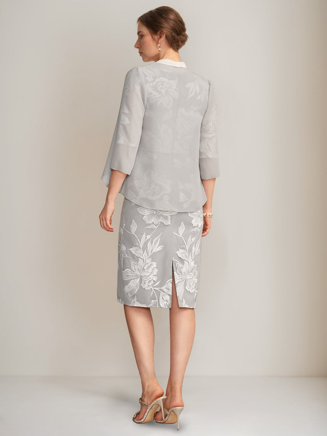 Sheath/Column V-Neck Half Sleeves Knee-Length Beading Mother of the Bride Dresses with Floral Embroidery & Appliques & Jacket