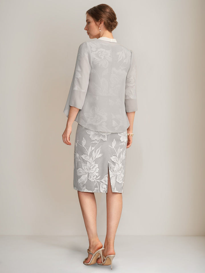 Sheath/Column V-Neck Half Sleeves Knee-Length Beading Mother of the Bride Dresses with Floral Embroidery & Appliques & Jacket