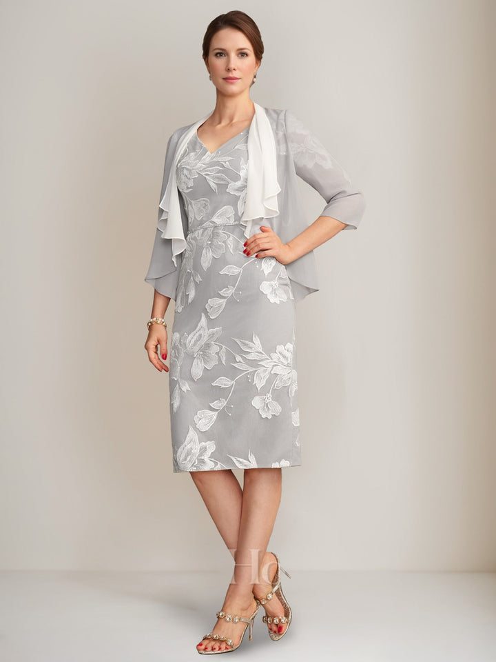 Sheath/Column V-Neck Half Sleeves Knee-Length Beading Mother of the Bride Dresses with Floral Embroidery & Appliques & Jacket