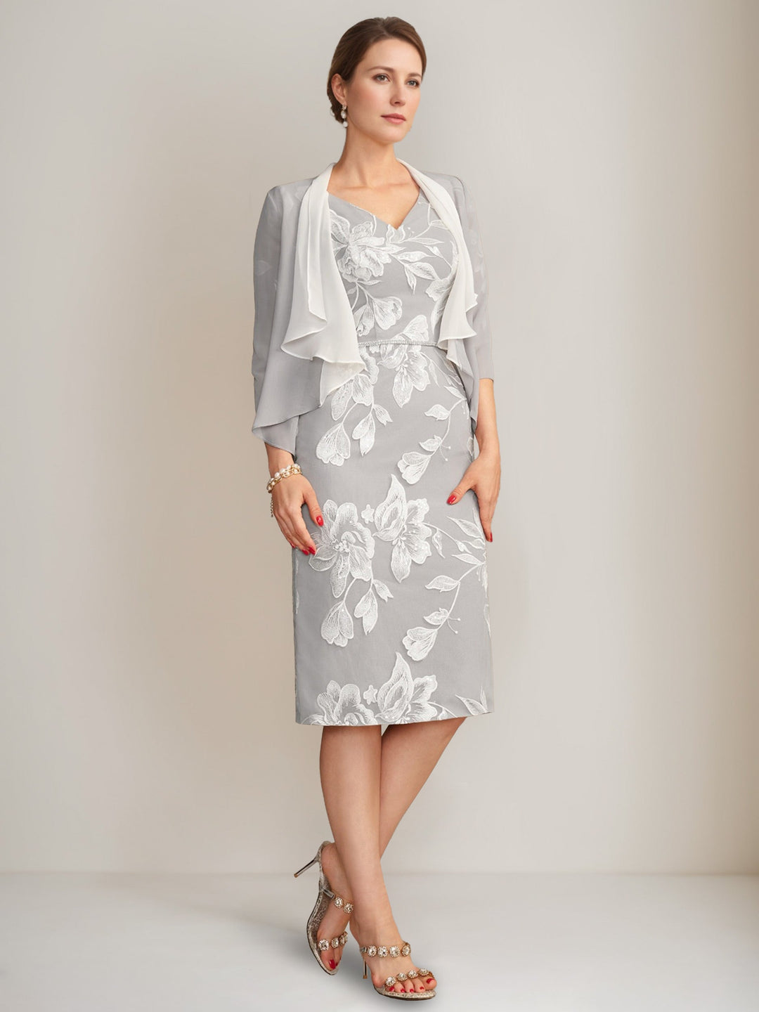 Sheath/Column V-Neck Half Sleeves Knee-Length Beading Mother of the Bride Dresses with Floral Embroidery & Appliques & Jacket