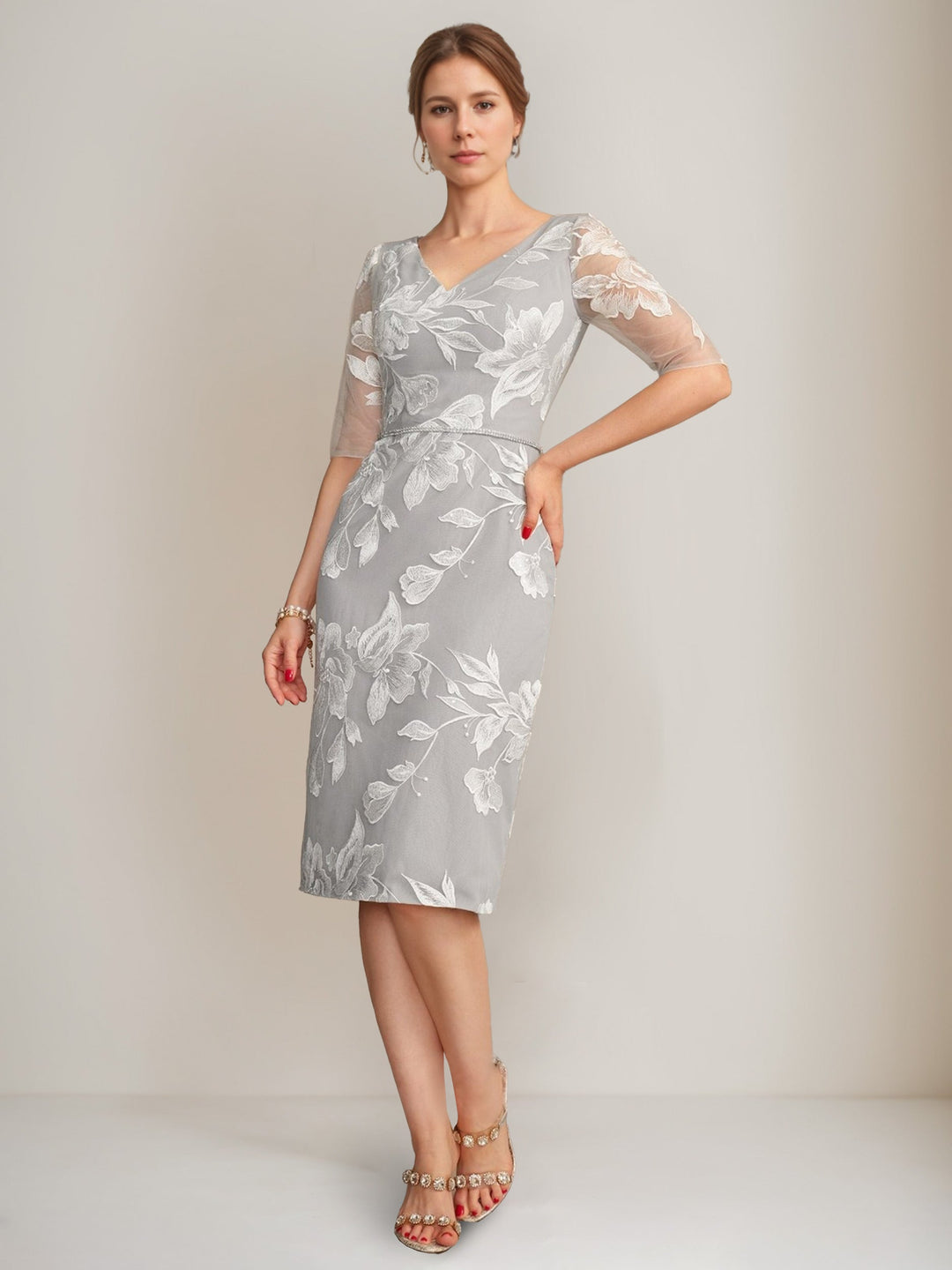 Sheath/Column V-Neck Half Sleeves Knee-Length Beading Mother of the Bride Dresses with Floral Embroidery & Appliques & Jacket