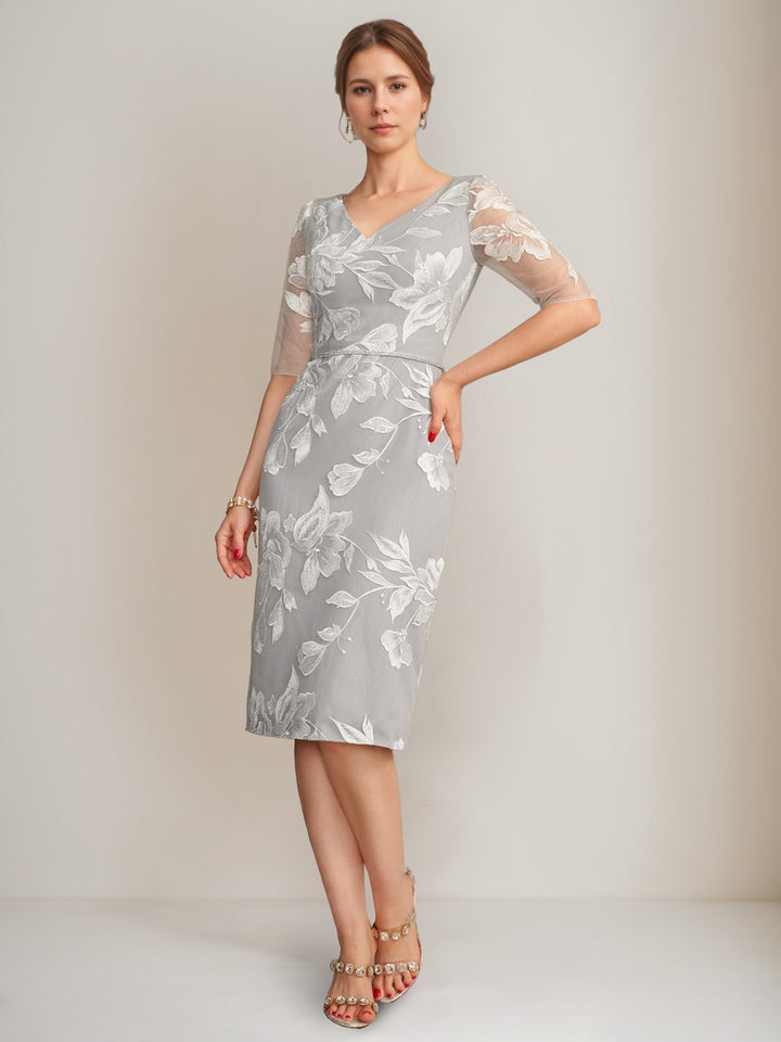 Sheath/Column V-Neck Half Sleeves Knee-Length Beading Mother of the Bride Dresses with Floral Embroidery & Appliques & Jacket