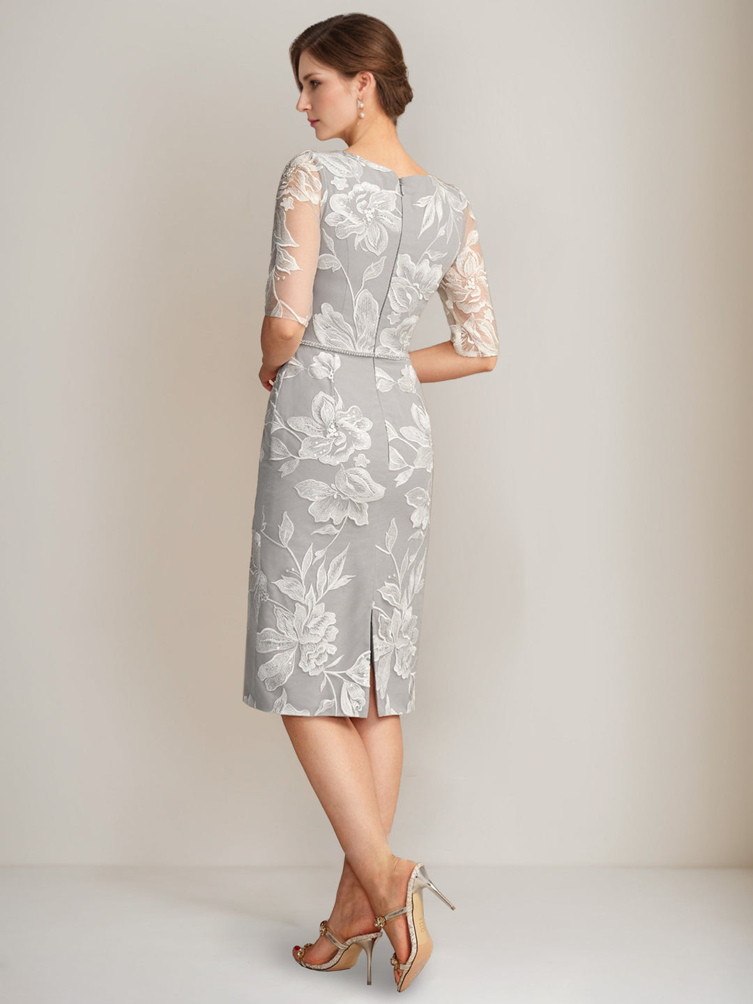 Sheath/Column V-Neck Half Sleeves Knee-Length Beading Mother of the Bride Dresses with Floral Embroidery & Appliques & Jacket