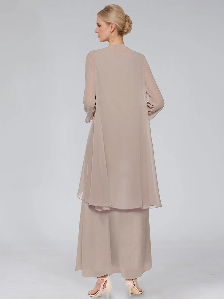 Sheath/Column Tiered Scoop Sleeveless Ankle-Length Mother of the Bride Dresses with Jacket & Ruffles