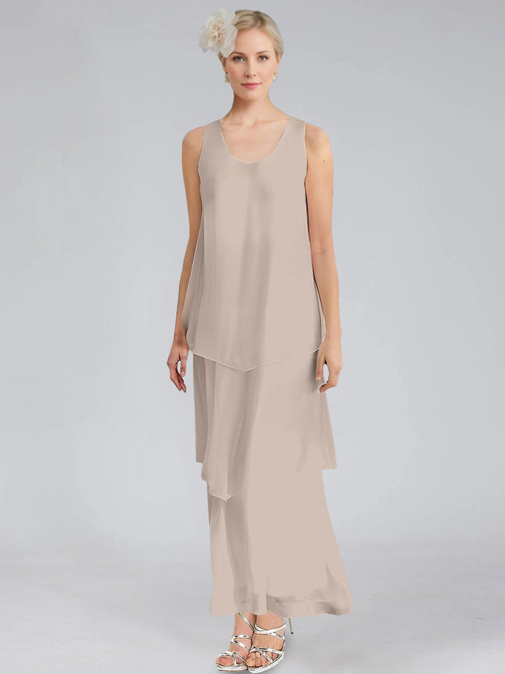 Sheath/Column Tiered Scoop Sleeveless Ankle-Length Mother of the Bride Dresses with Jacket & Ruffles
