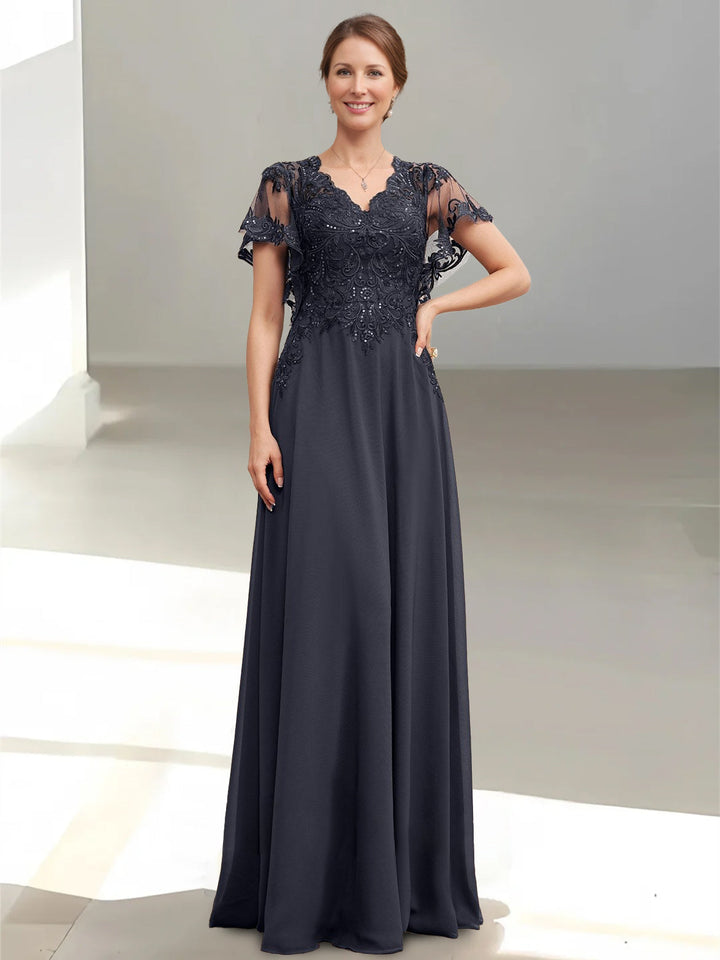 A-Line/Princess V-Neck Short Sleeves Floor-Length Mother of the Bride Dresses with Appliques & Sequins