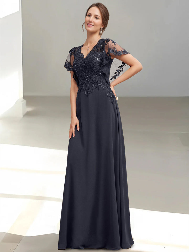 A-Line/Princess V-Neck Short Sleeves Floor-Length Mother of the Bride Dresses with Appliques & Sequins