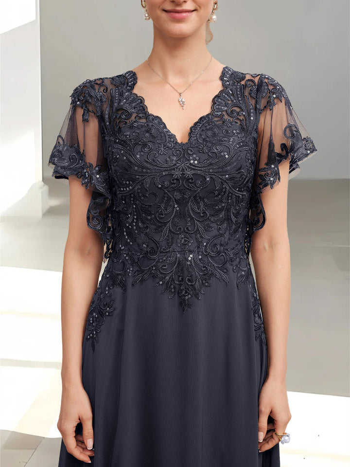 A-Line/Princess V-Neck Short Sleeves Floor-Length Mother of the Bride Dresses with Appliques & Sequins