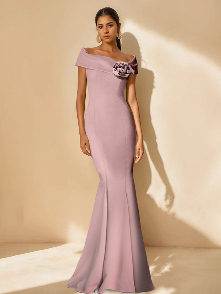 Trumpet/Mermaid Off-the-Shoulder Minimalist Mother of the Bride Dresses with Detachable Flower
