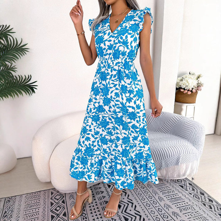 AzureBloom V-Neck Floral Midi Dress