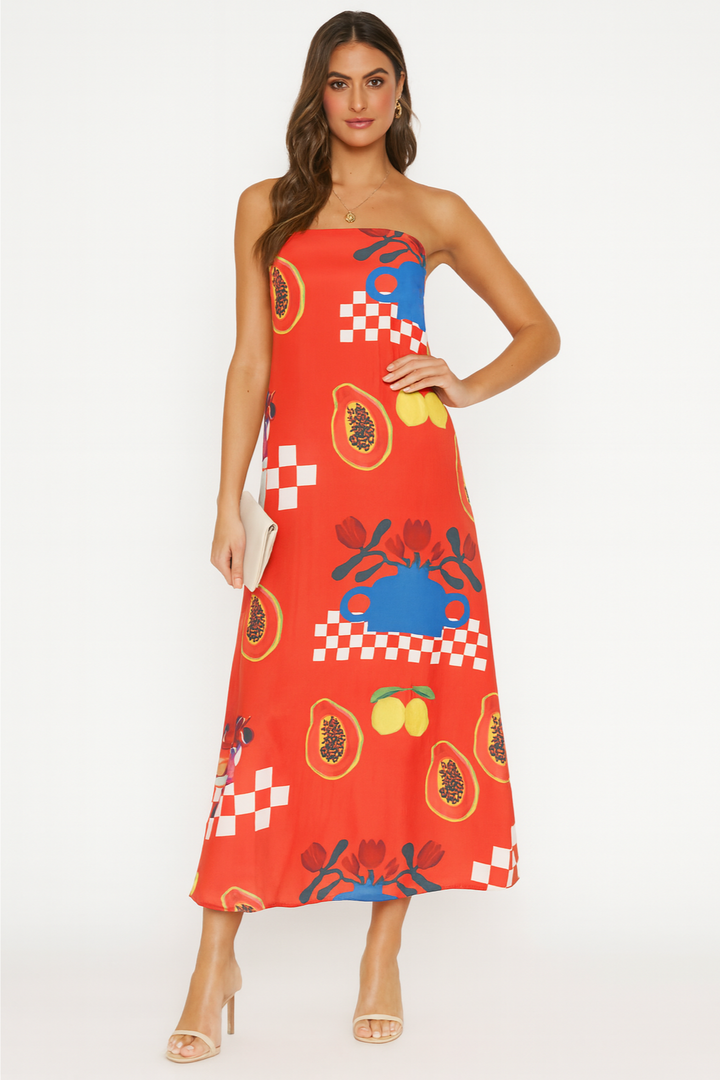 Stella - Tropical Print Strapless Maxi Dress with Flowy Design