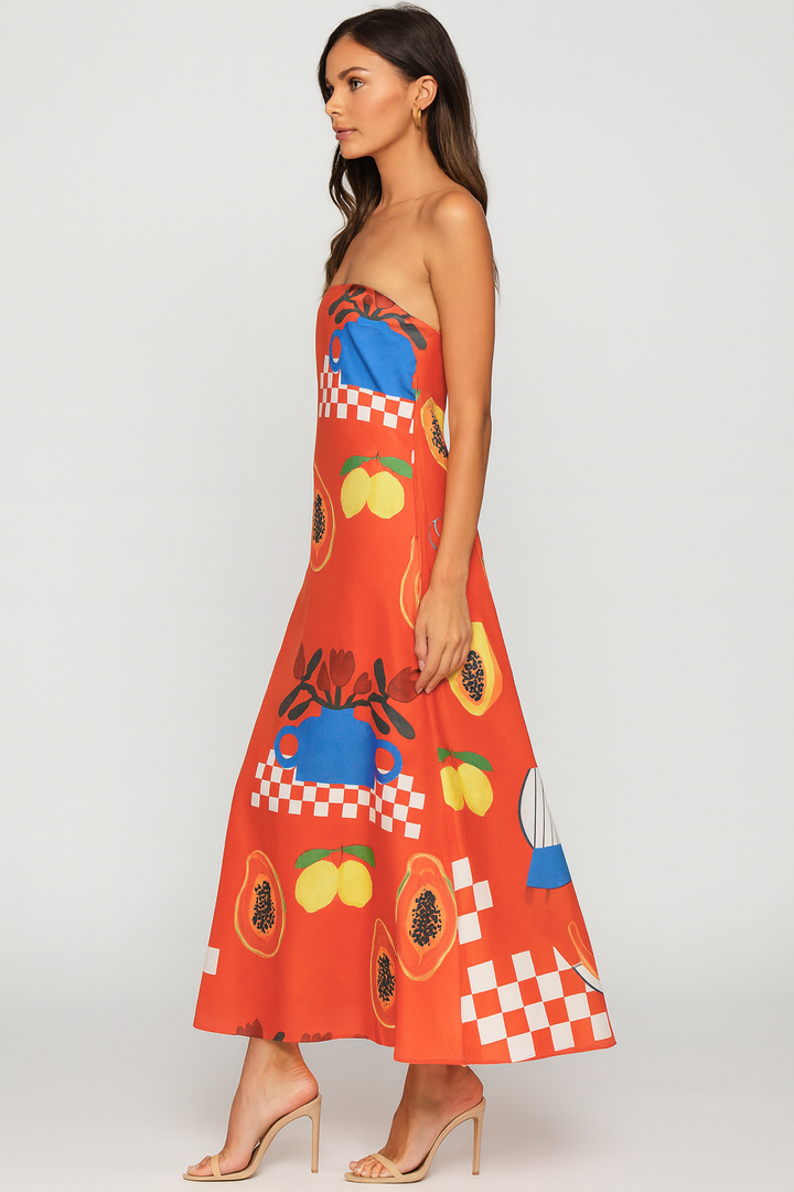 Stella - Tropical Print Strapless Maxi Dress with Flowy Design
