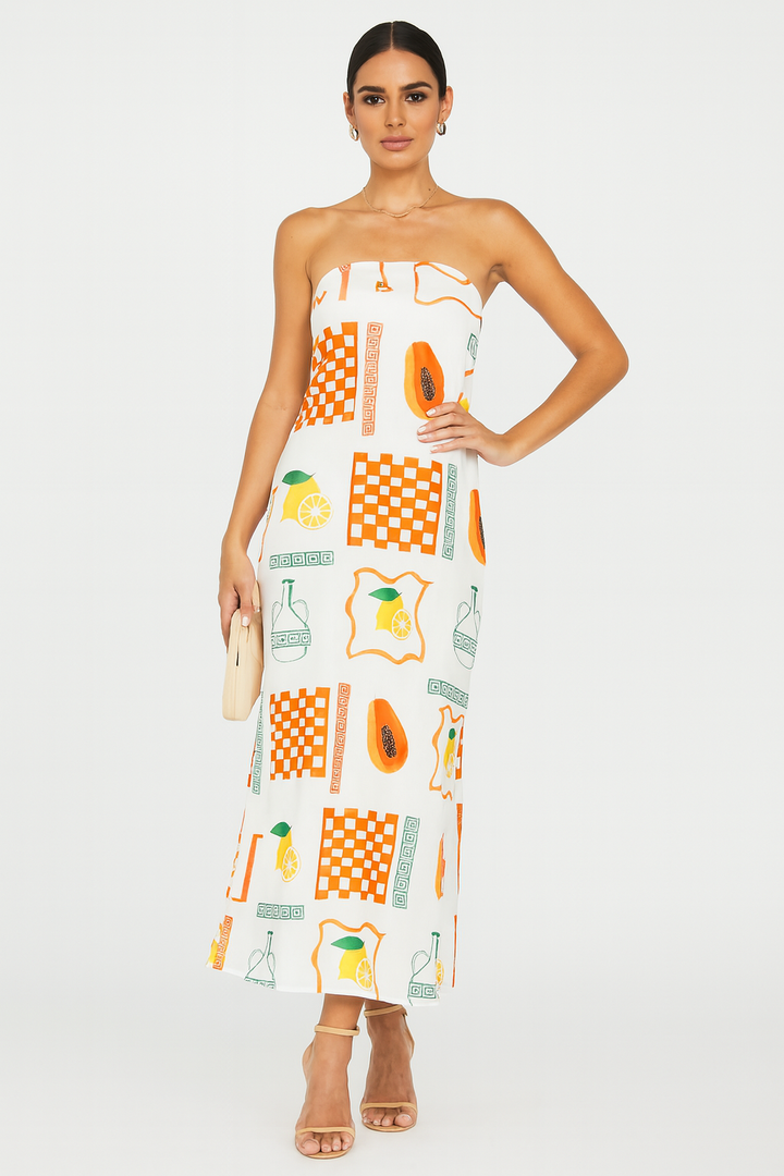 Stella - Tropical Print Strapless Maxi Dress with Flowy Design