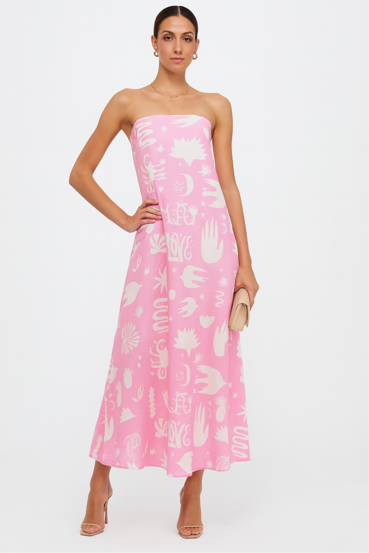 Stella - Tropical Print Strapless Maxi Dress with Flowy Design