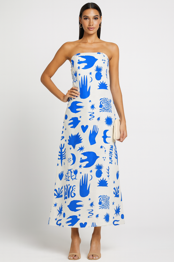 Stella - Tropical Print Strapless Maxi Dress with Flowy Design