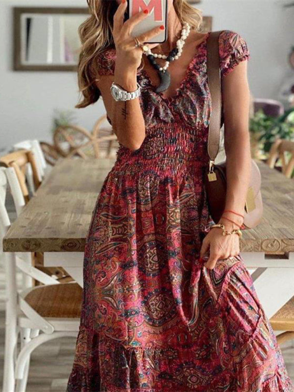 Kiara - Bohemian Maxi Dress with Paisley Print and Smocked Waist