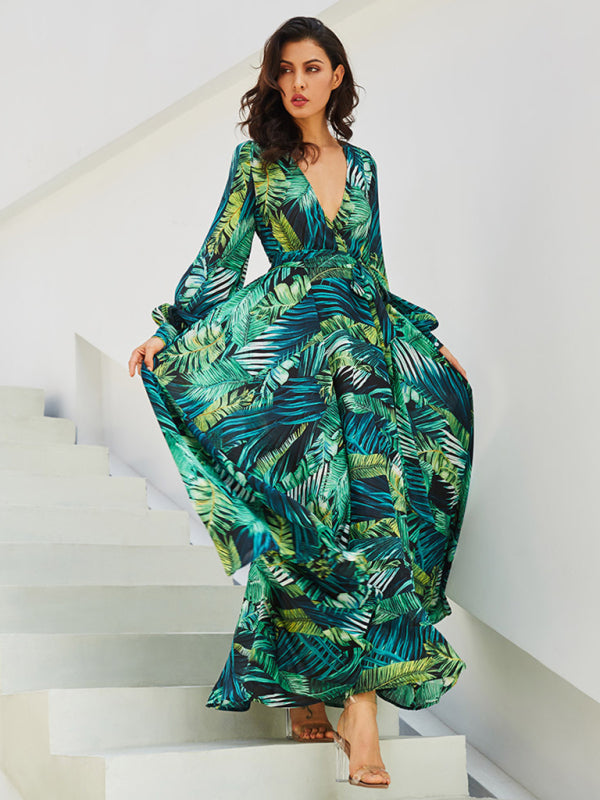 Carmen - Tropical Leaf Print Maxi Dress with Lantern Sleeves
