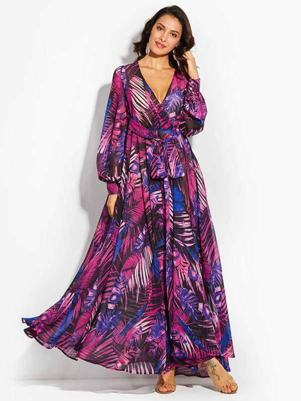 Carmen - Tropical Leaf Print Maxi Dress with Lantern Sleeves