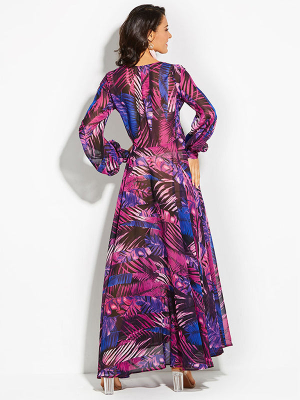 Carmen - Tropical Leaf Print Maxi Dress with Lantern Sleeves