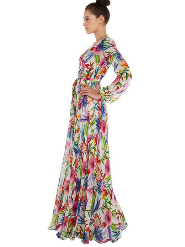 Carmen - Tropical Leaf Print Maxi Dress with Lantern Sleeves