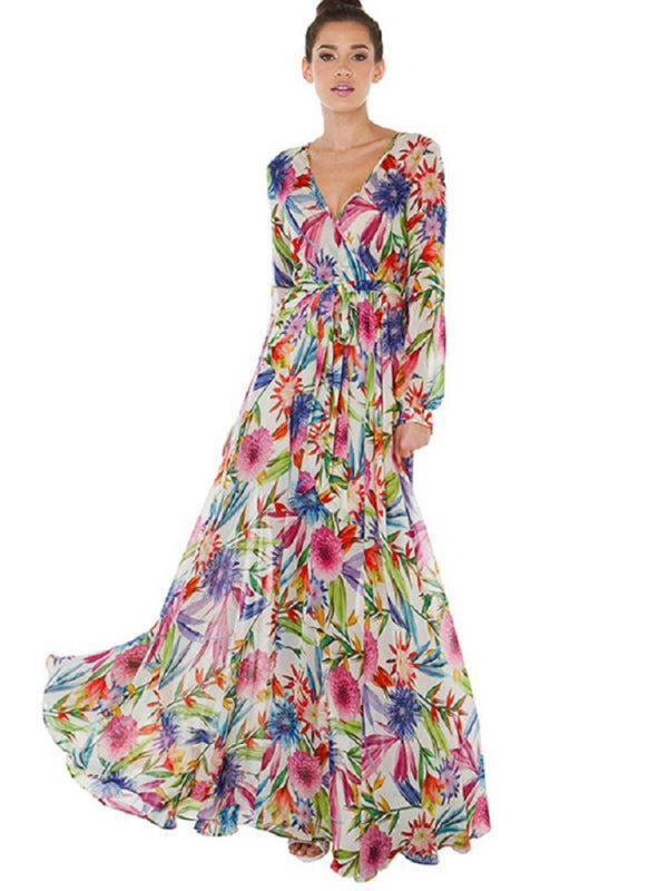 Carmen - Tropical Leaf Print Maxi Dress with Lantern Sleeves