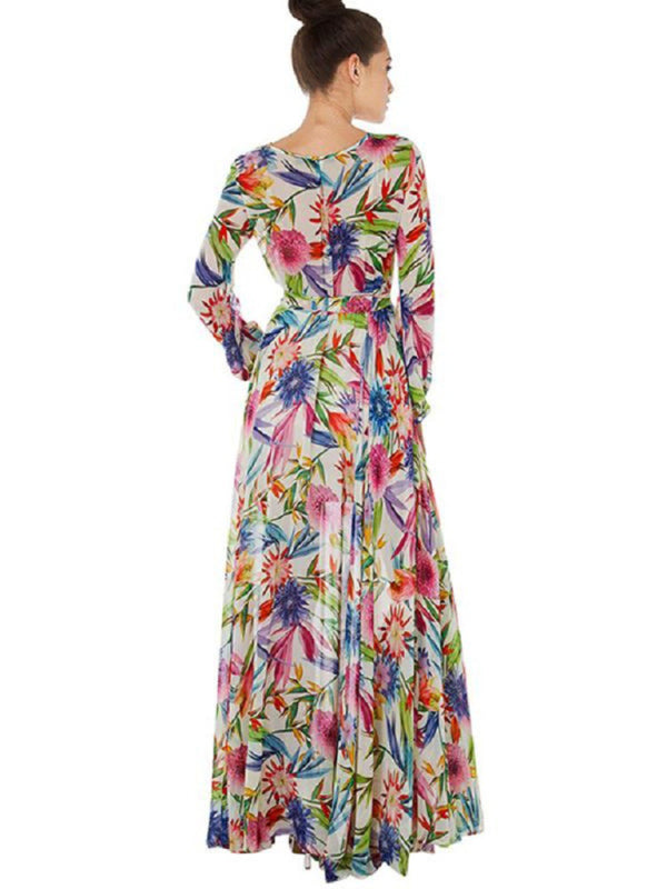 Carmen - Tropical Leaf Print Maxi Dress with Lantern Sleeves