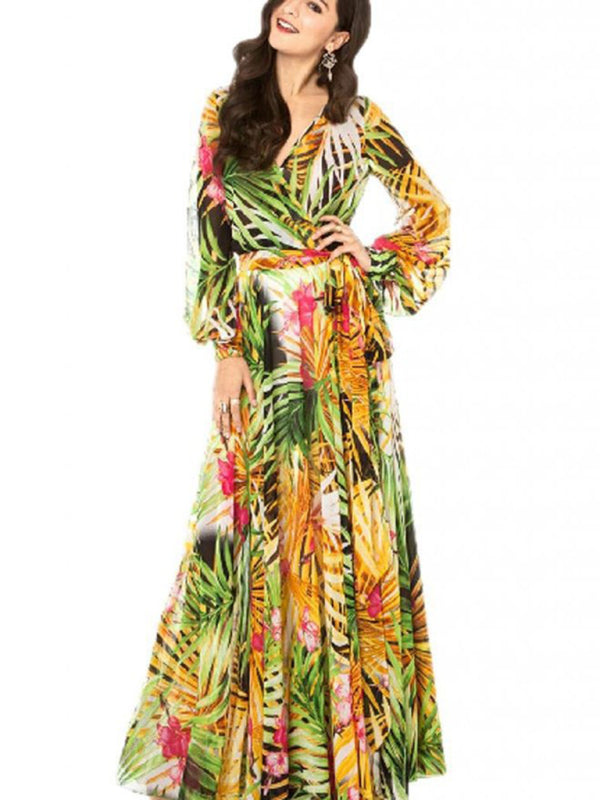 Carmen - Tropical Leaf Print Maxi Dress with Lantern Sleeves