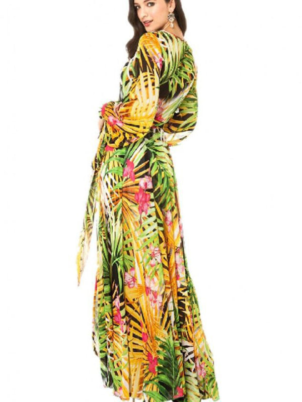 Carmen - Tropical Leaf Print Maxi Dress with Lantern Sleeves