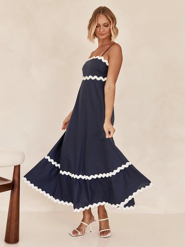 Capri - Wavy Trim Maxi Dress with Spaghetti Straps and A-line Silhouette