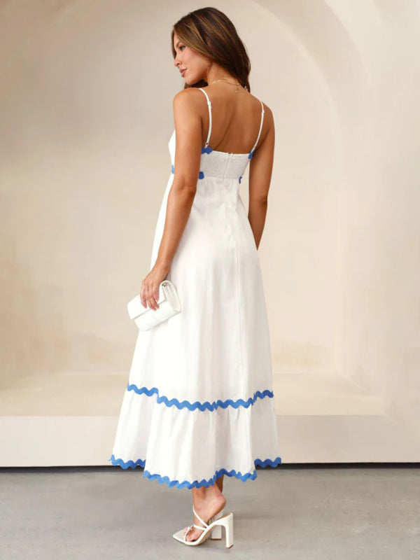 Capri - Wavy Trim Maxi Dress with Spaghetti Straps and A-line Silhouette