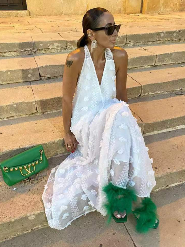 Aria - Three-Dimensional Floral Halter Maxi Dress