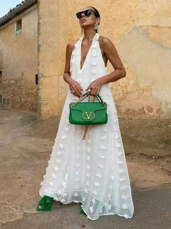 Aria - Three-Dimensional Floral Halter Maxi Dress